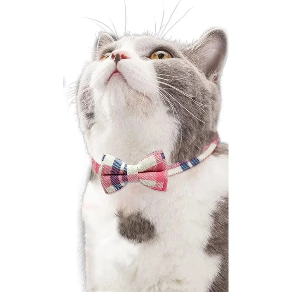 Pink and Grey Plaid Cat Break Away Collar With Bell And Detachable Bow